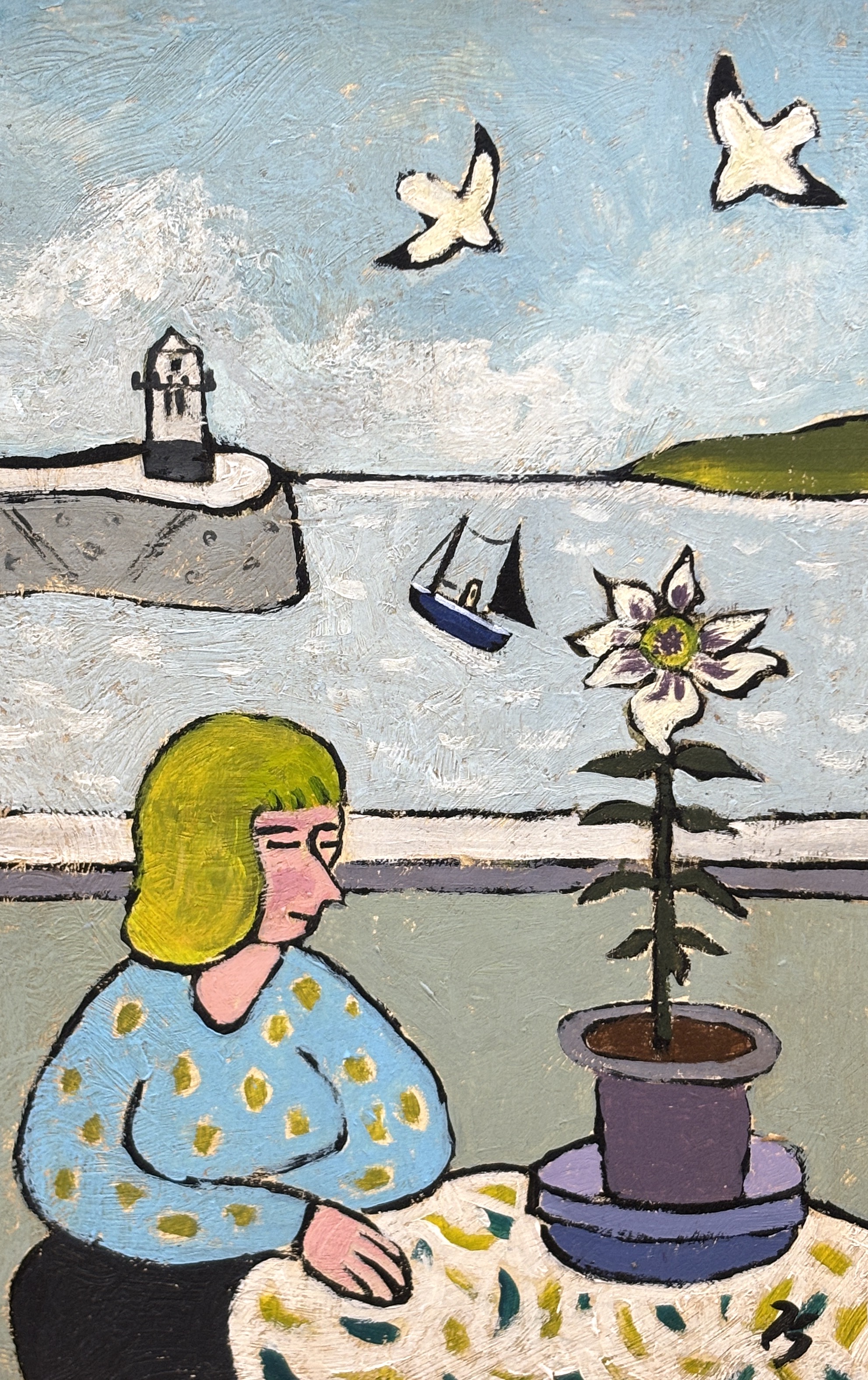 Joan Gilchrest (1918-2008) oil on board, 'Seated woman before a coastal view', monogrammed, 18 x 12cm